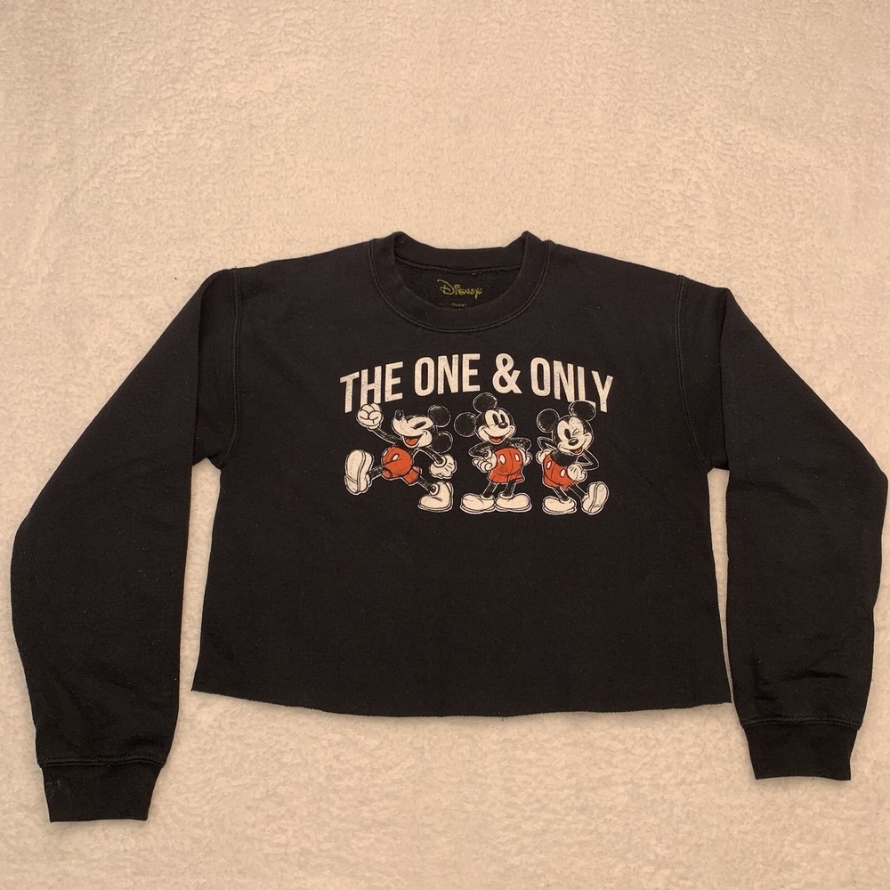 Disney Sweatshirt Womens Small Black Mickey Mouse Cropped Crew Neck Jumper Fit